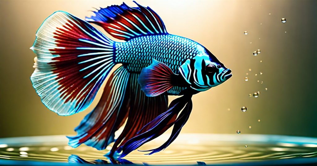 a blue and red fish swimming in water