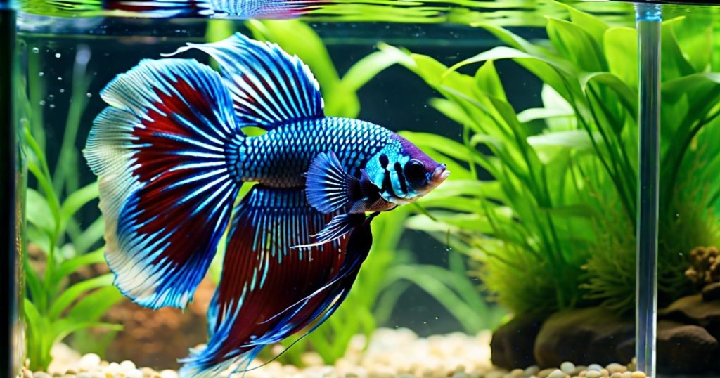 a blue fish with red and blue fins swimming in a tank
